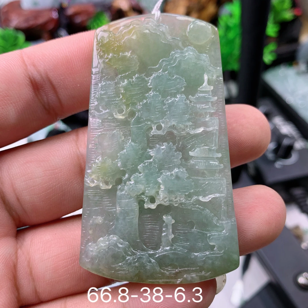 天然A货翡翠黄翡山水吊坠挂件