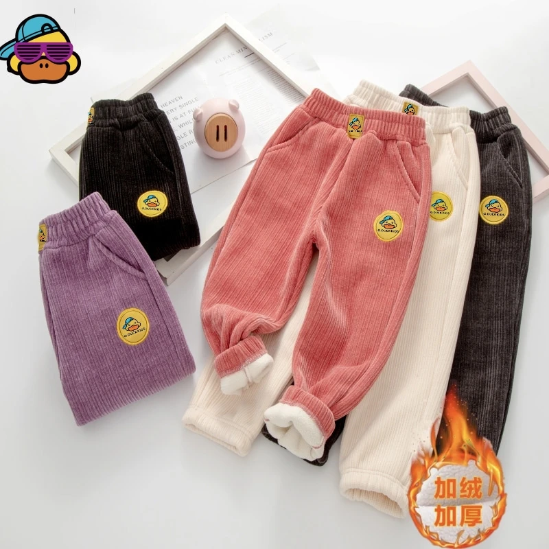 儿童加绒裤子雪尼尔大童休闲长裤保暖秋冬男童女童加厚时尚姐弟款