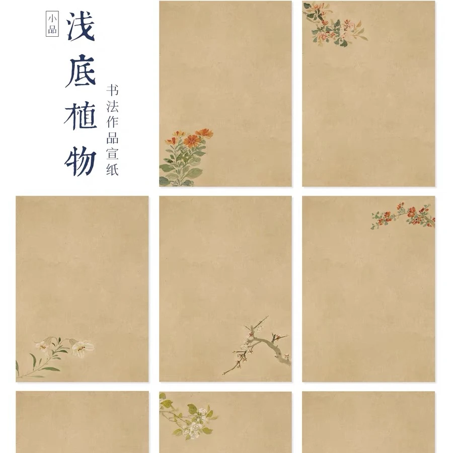 浅底植物小品四六尺对开宣纸古画题跋册页书法作品纸小楷行书仿古