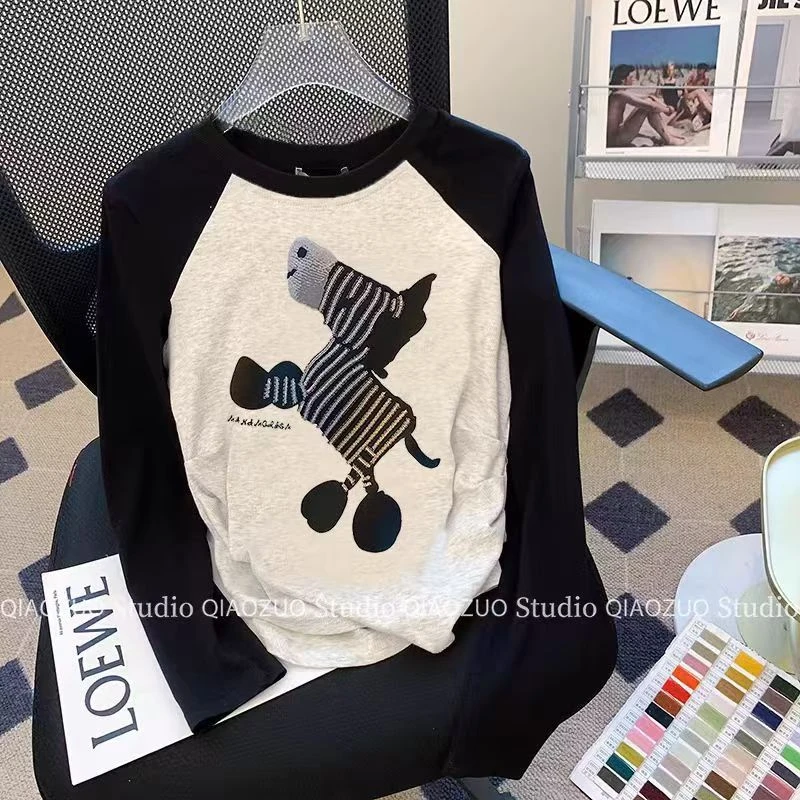 长袖t恤女秋冬季拼接正肩短款修身显瘦设计感小众插肩袖打底衫222