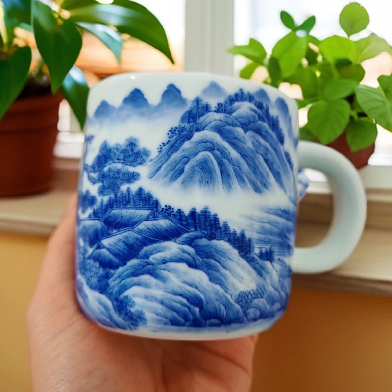 纯手绘手工青花山水咖啡杯瓷杯直筒茶具青花瓷白瓷茶杯水杯陶瓷