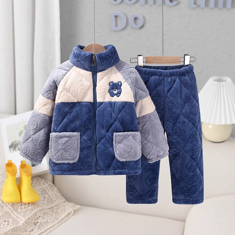 冬季男童睡衣三层夹棉加厚加绒男孩冬天保暖家居服套装