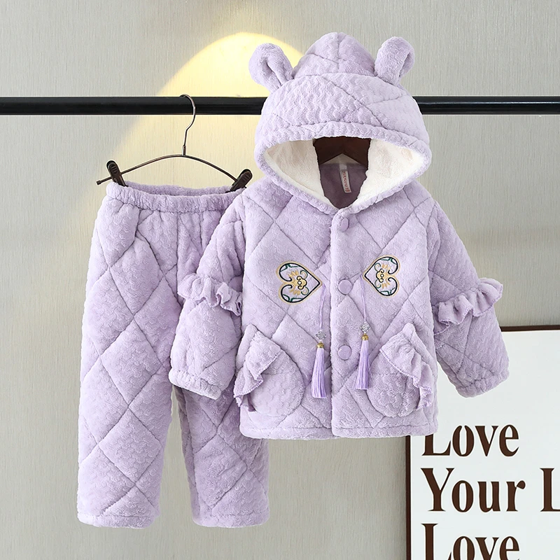 冬季女童睡衣三层夹棉加厚加绒女孩连帽冬天保暖家居服套装新款