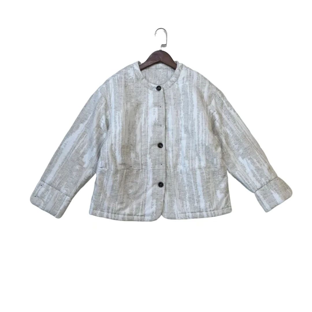 H019【100麻】秋冬棉麻压花绗棉文艺宽松圆领棉袄