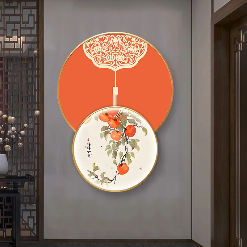 新中式圆形叠加入户玄关装饰画led灯画事事如意挂画过道走廊壁画