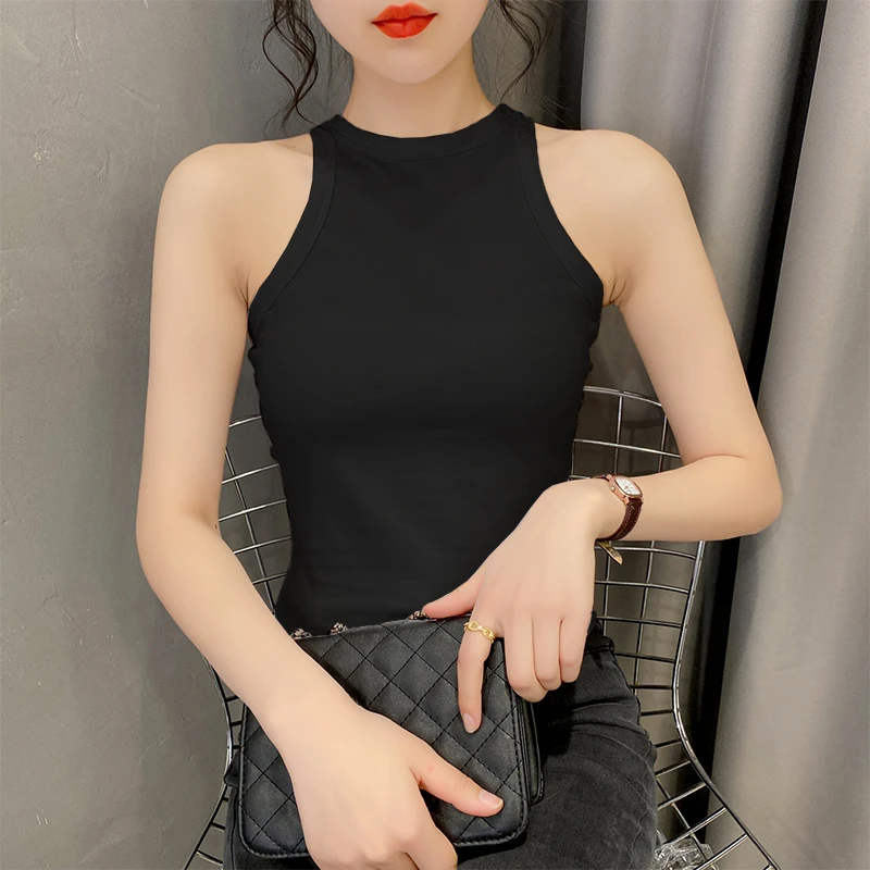 棉质小背心女夏西装内搭挂脖打底2024年无袖黑色修身外穿显瘦上衣