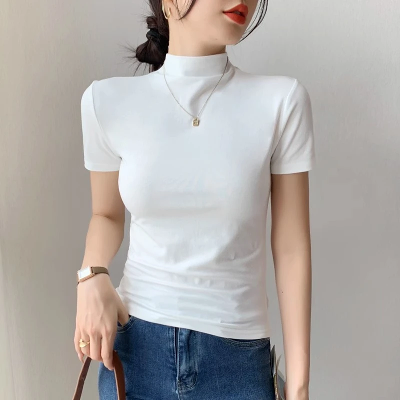 半高领短袖正肩t恤女2024秋季修身打底衫内搭别致显瘦白色上衣ins