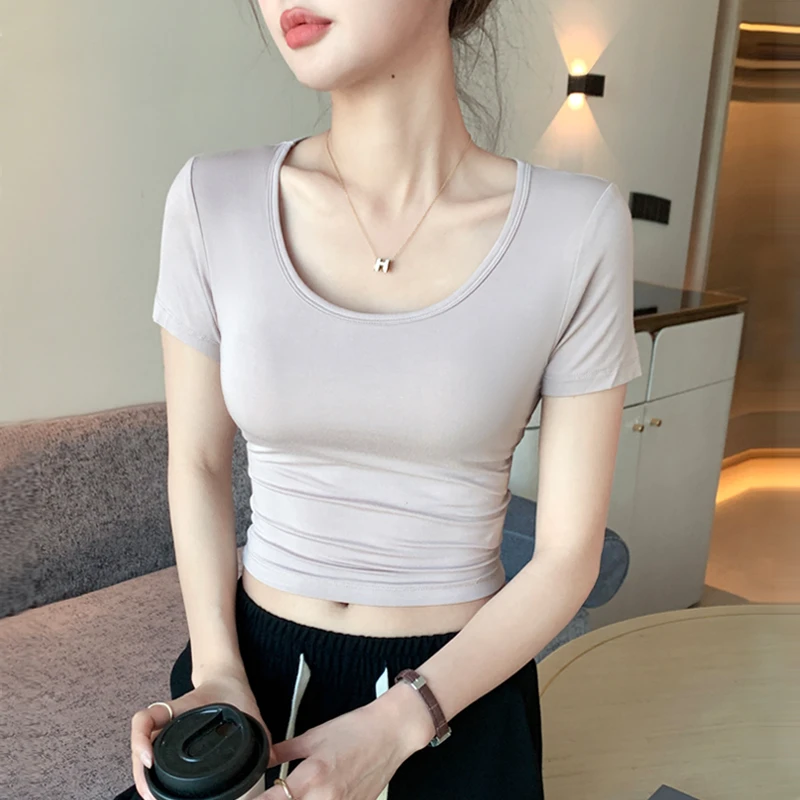 短款露脐短袖t恤女皮粉色2024夏季高腰紧身莫代尔冰丝薄款上衣ins