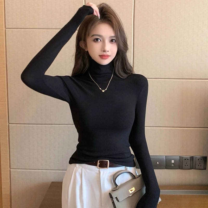 黑色针织高领打底衫女春秋冬2023新款螺纹紧身洋派内搭长袖上衣潮