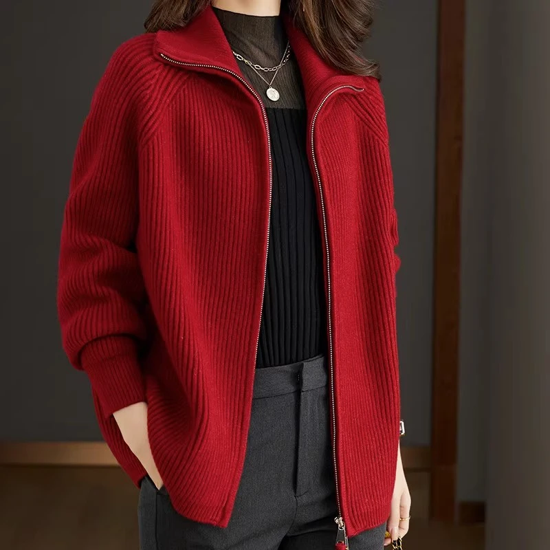 羊毛针织开衫秋冬拉链外套女妈妈大码宽松外搭休闲百搭中老年上衣
