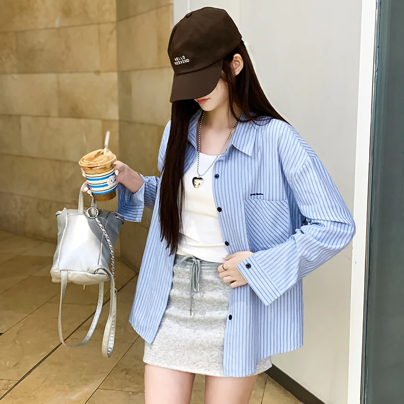 秋季新款蓝色条纹衬衫女翻领宽松刺绣衬衣长袖设计感上衣休闲女