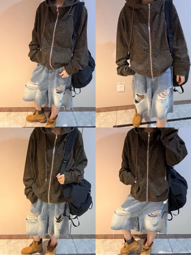 2024秋季新款韩版女装连帽抽绳拉链款休闲大版宽松豹纹图案外套潮
