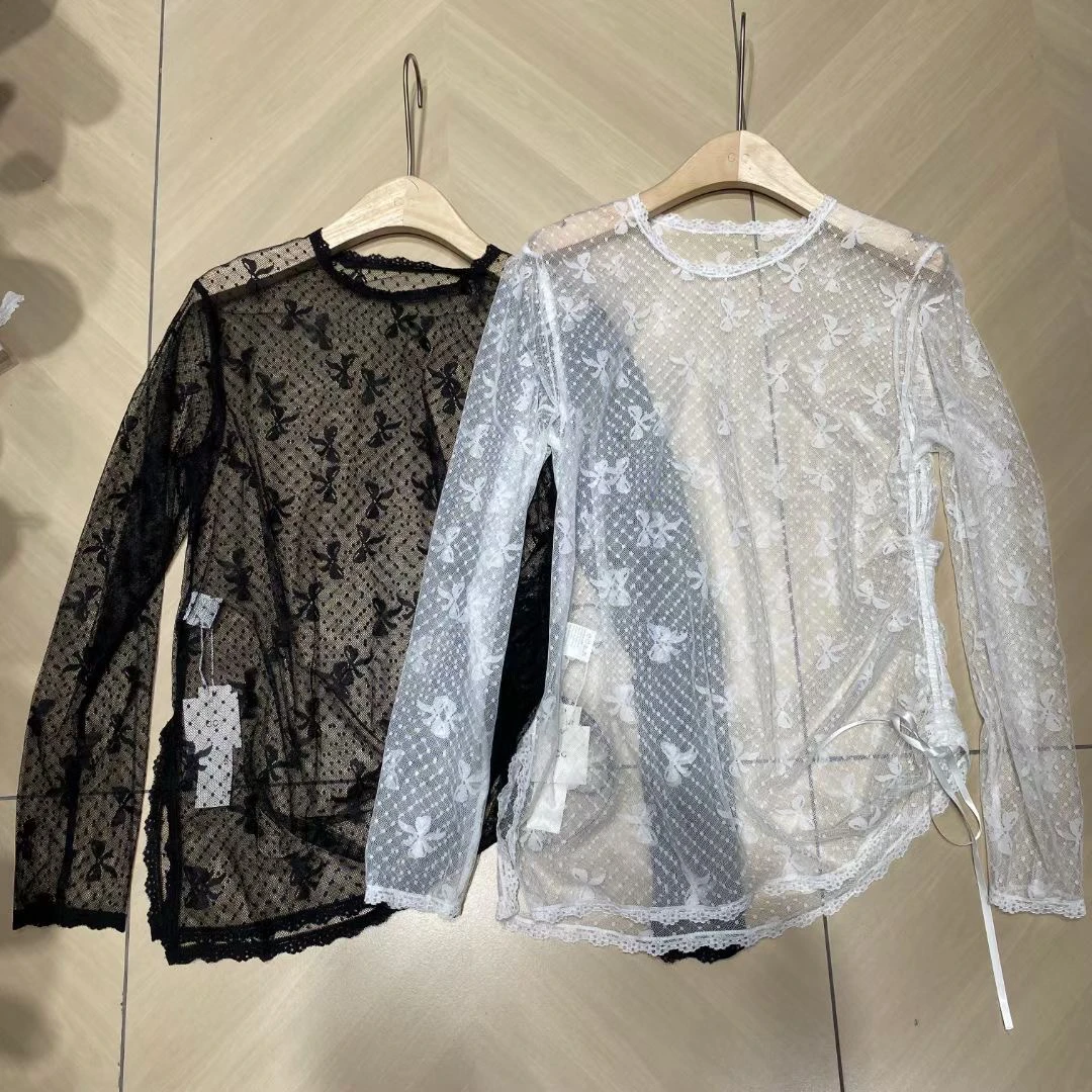 2024春季新款韩版女装法式赫本蝴蝶结蕾丝长袖打底衫内搭网纱女潮