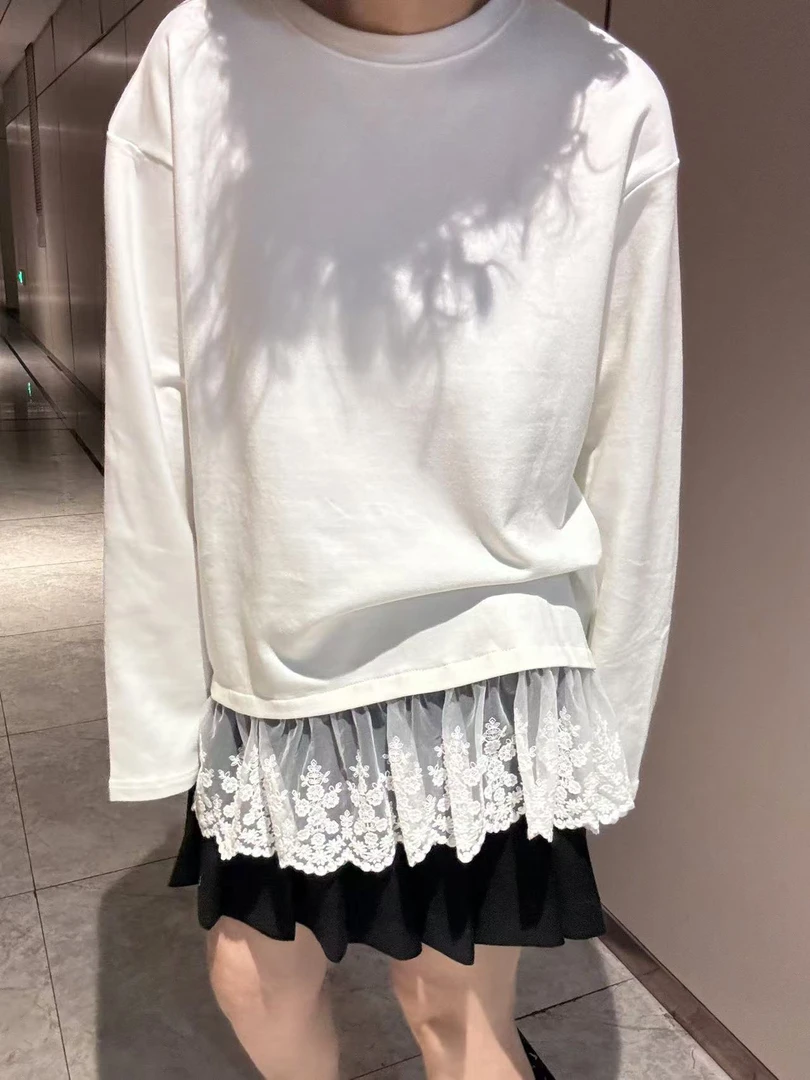 2024冬季新款韩版女装圆领套头下摆蕾丝边纯色百搭长袖T恤打底衫