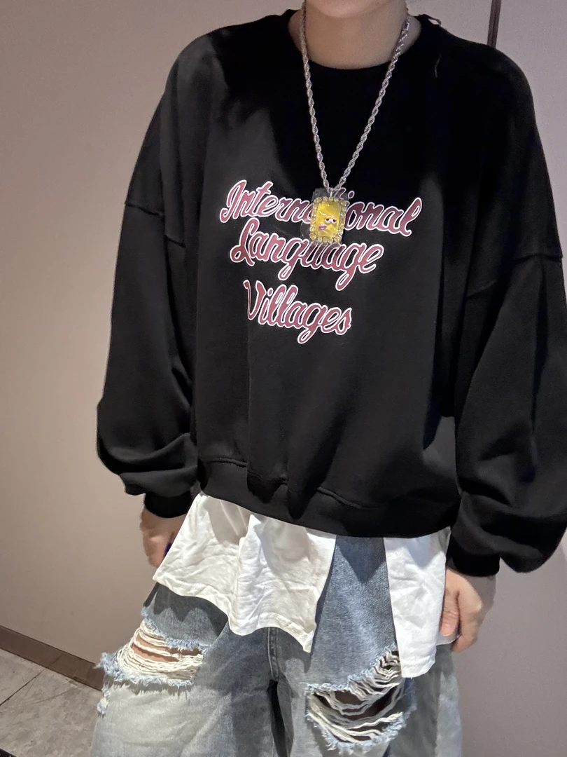 2024秋季新款韩版女装圆领套头粉色字母休闲假两件ins宽松卫衣潮