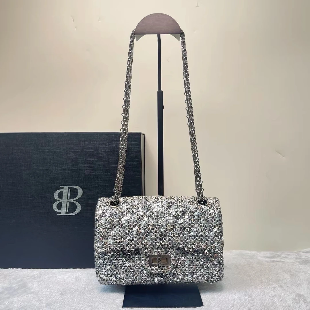 95新 Chanel/香奈儿 2.55灰色毛呢亮片大mini斜挎链条包/330638
