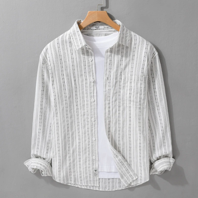 春秋季男装条纹简约长袖麻衬衫潮流休闲宽松流行青年男衬衣