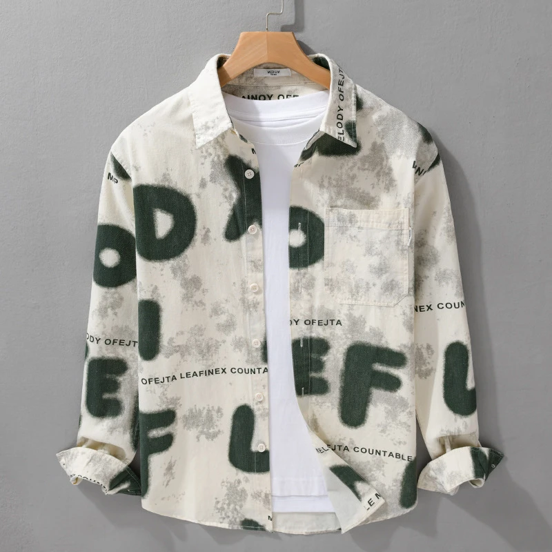 春秋季男装字母印花简约长袖衬衫潮流休闲宽松流行青年男衬衣