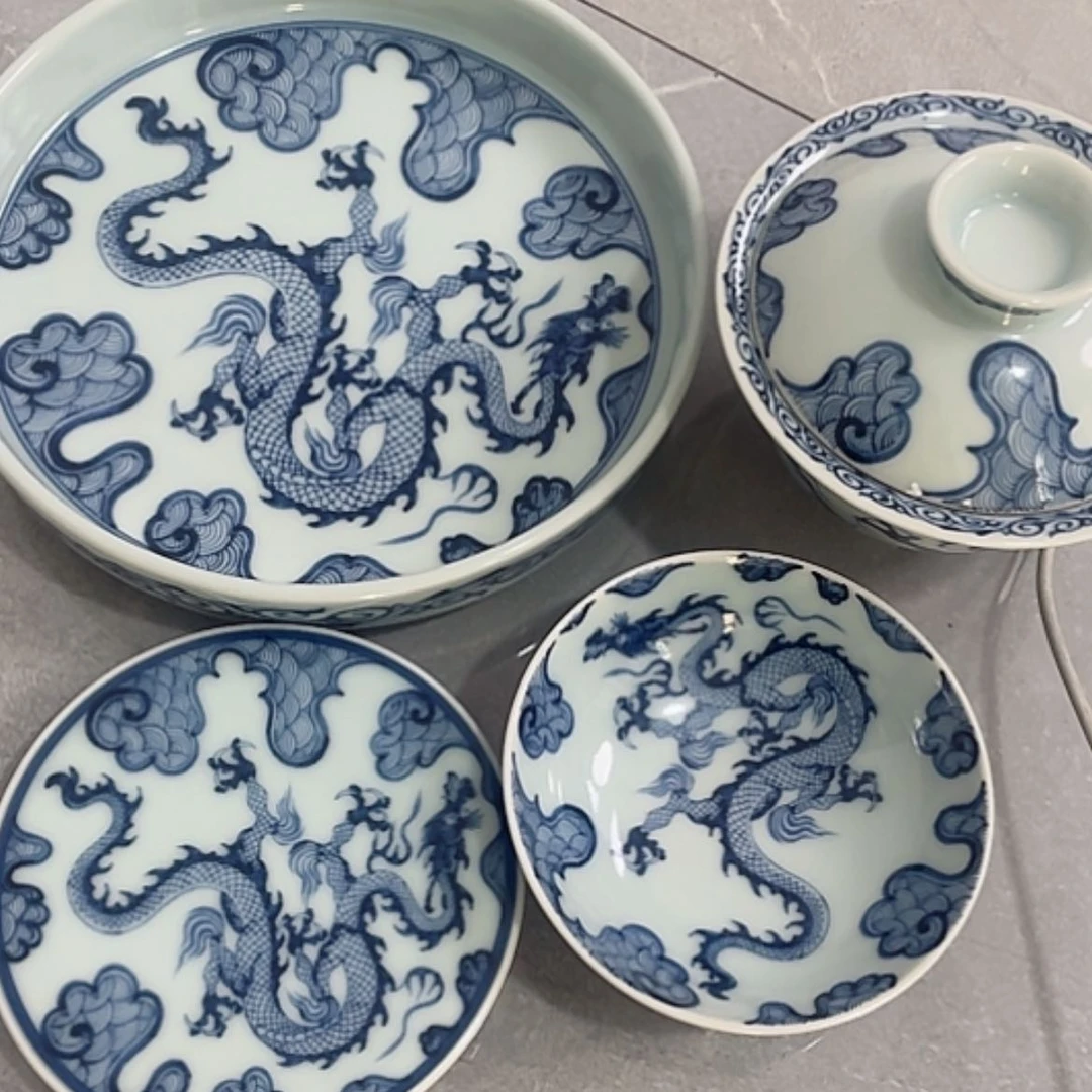 【闪购商品】陶瓷青穿云龙四件套微瑕