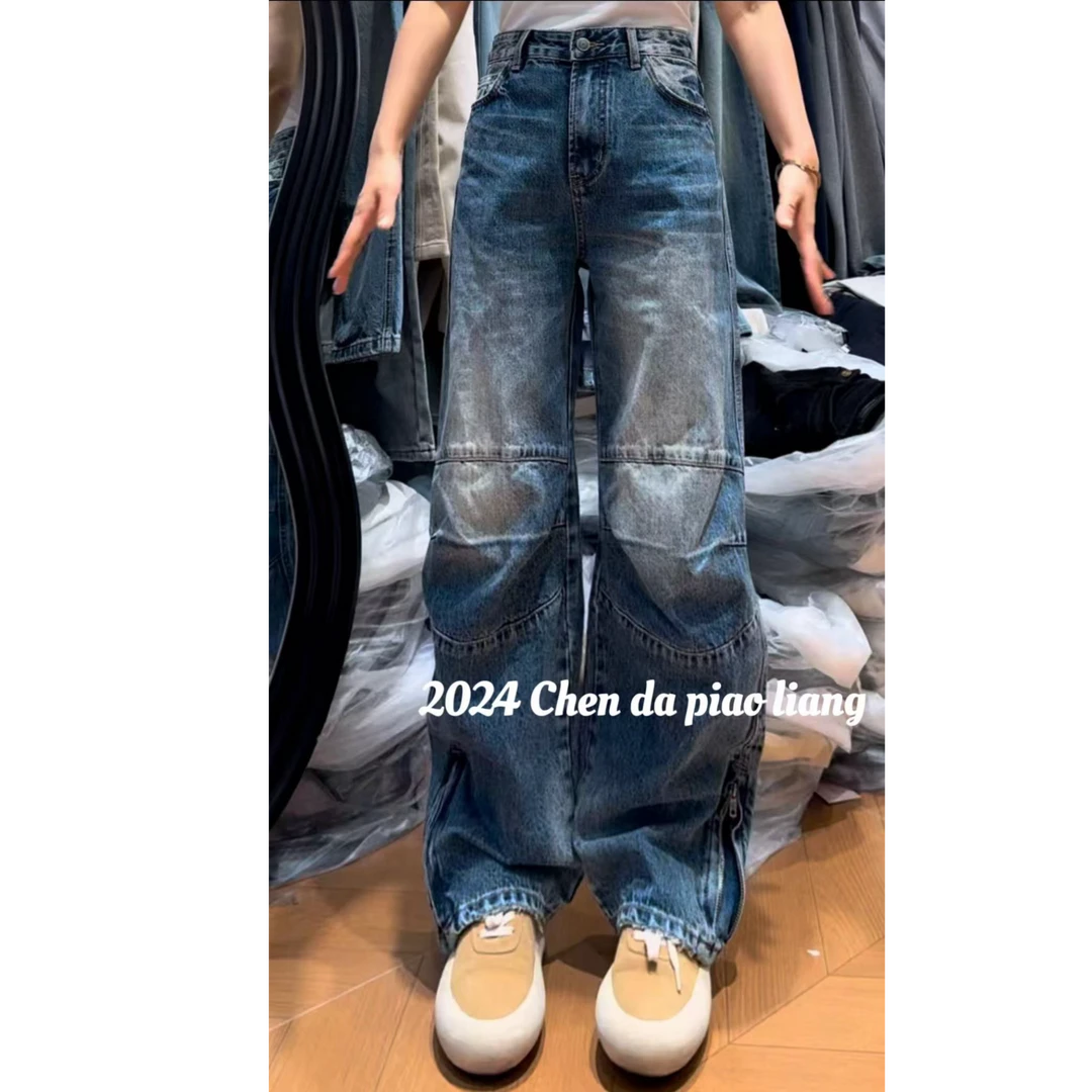 冬季新款拼接弯刀裤牛仔裤女款显瘦