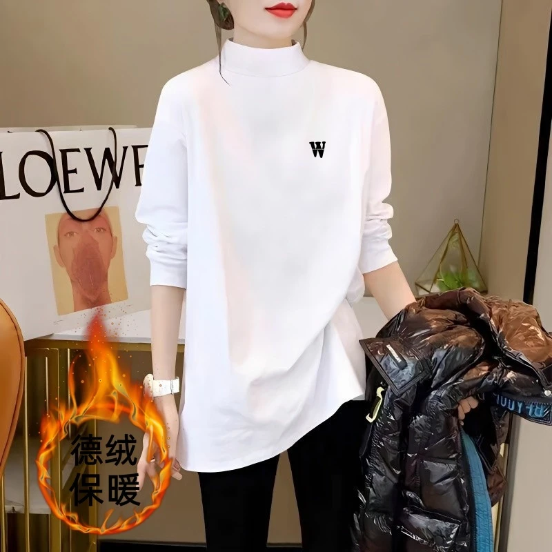 美式长袖t恤女2024年秋冬新款半高领中长款白色宽松德绒保暖上衣