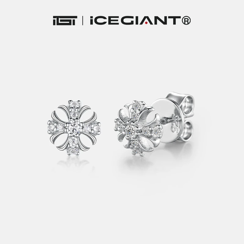 足银玻璃耳饰 iCEGIANT十字花耳钉S925纯银D色爆闪莫桑2024爆款