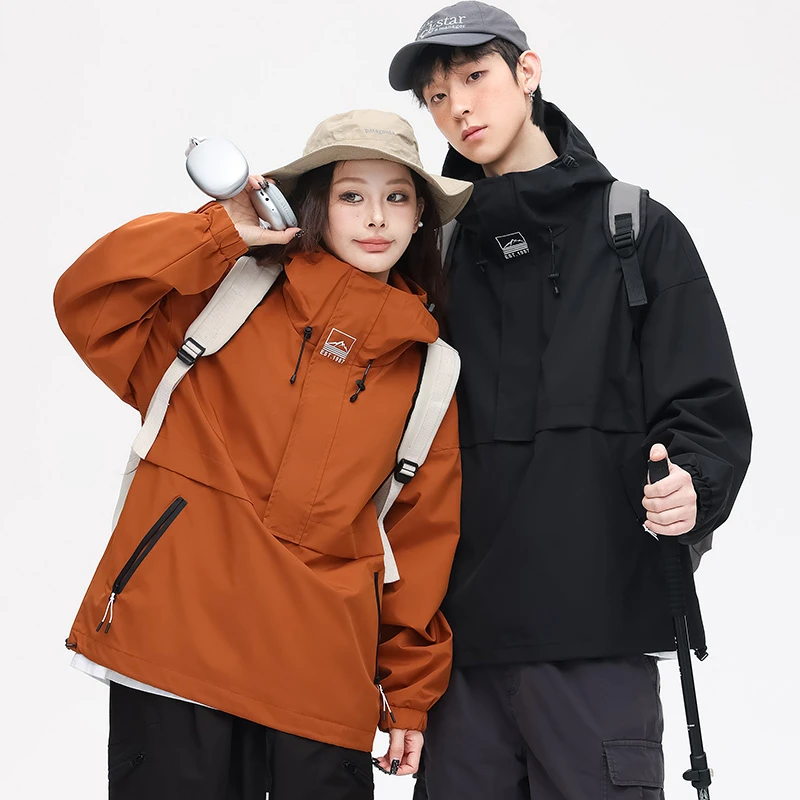 hrku春秋季新款美式机能户外连帽橙色冲锋衣外套男登山服防水防风