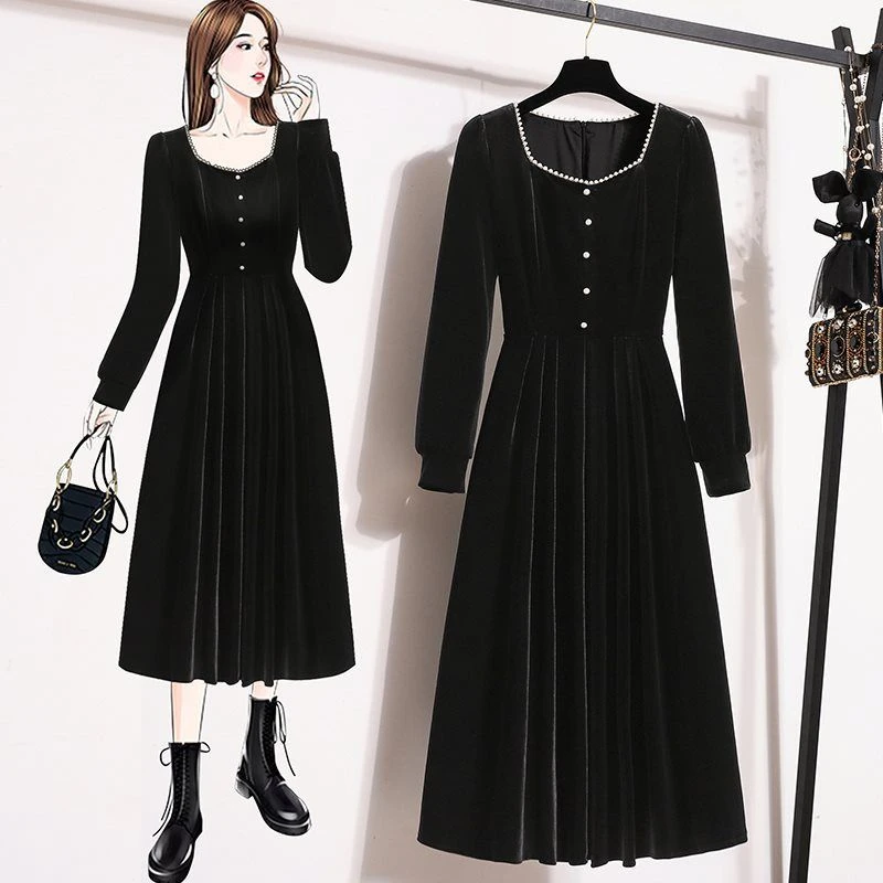 大码女装春秋新款胖mm遮肚显瘦收腰气质加宽黑色金丝绒方领连衣裙