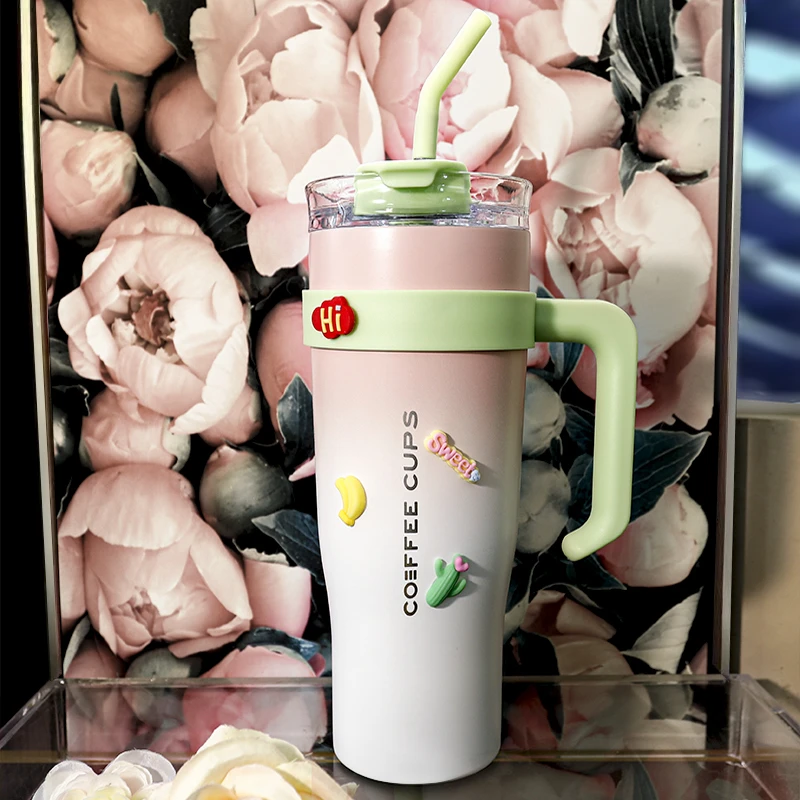 时尚简约巨无霸1250mlSUS304不锈钢保温杯汽车杯大容量双饮吸管杯