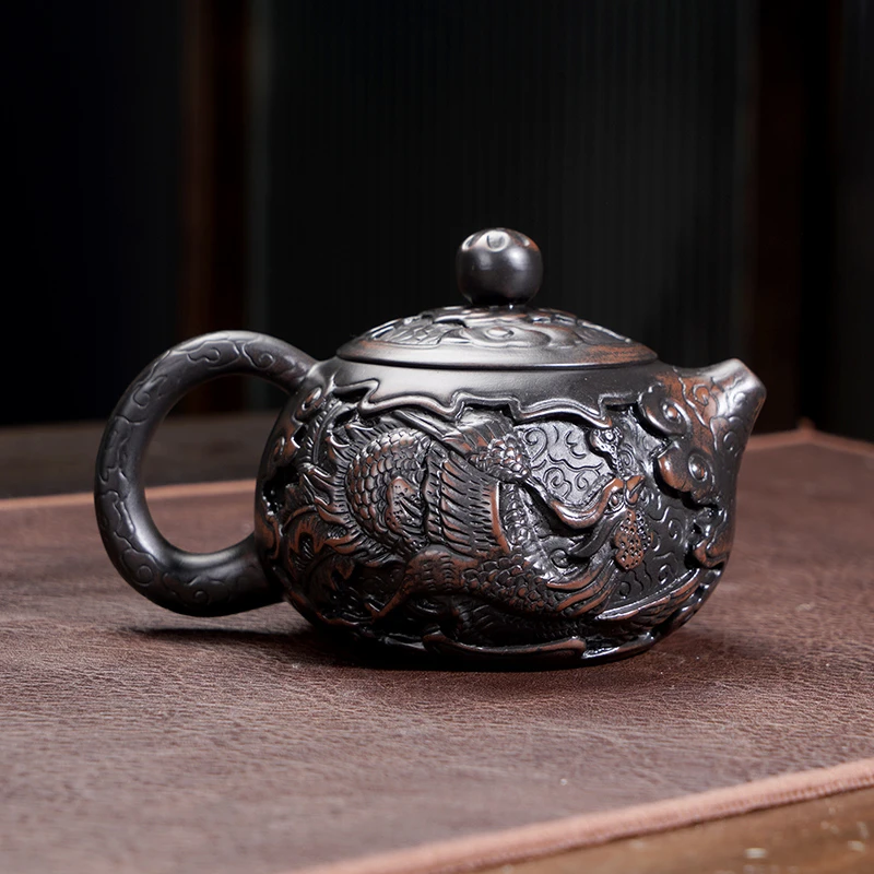 三序紫陶龙凤壶陶瓷浮雕茶壶中式泡茶壶带证书