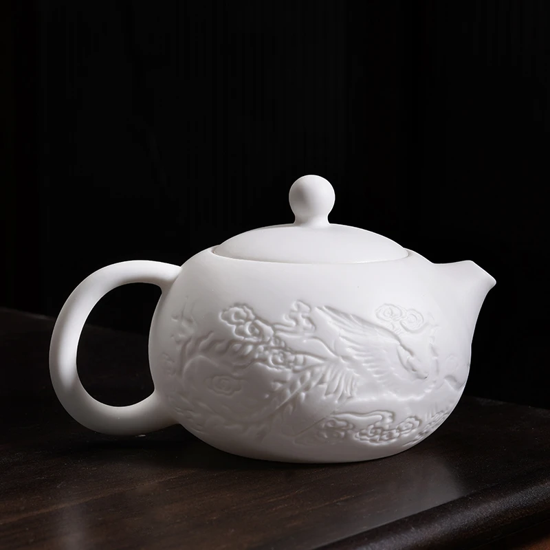 高端白瓷茶壶浮雕工艺白瓷中式龙凤功夫茶具泡茶壶陶瓷西施壶