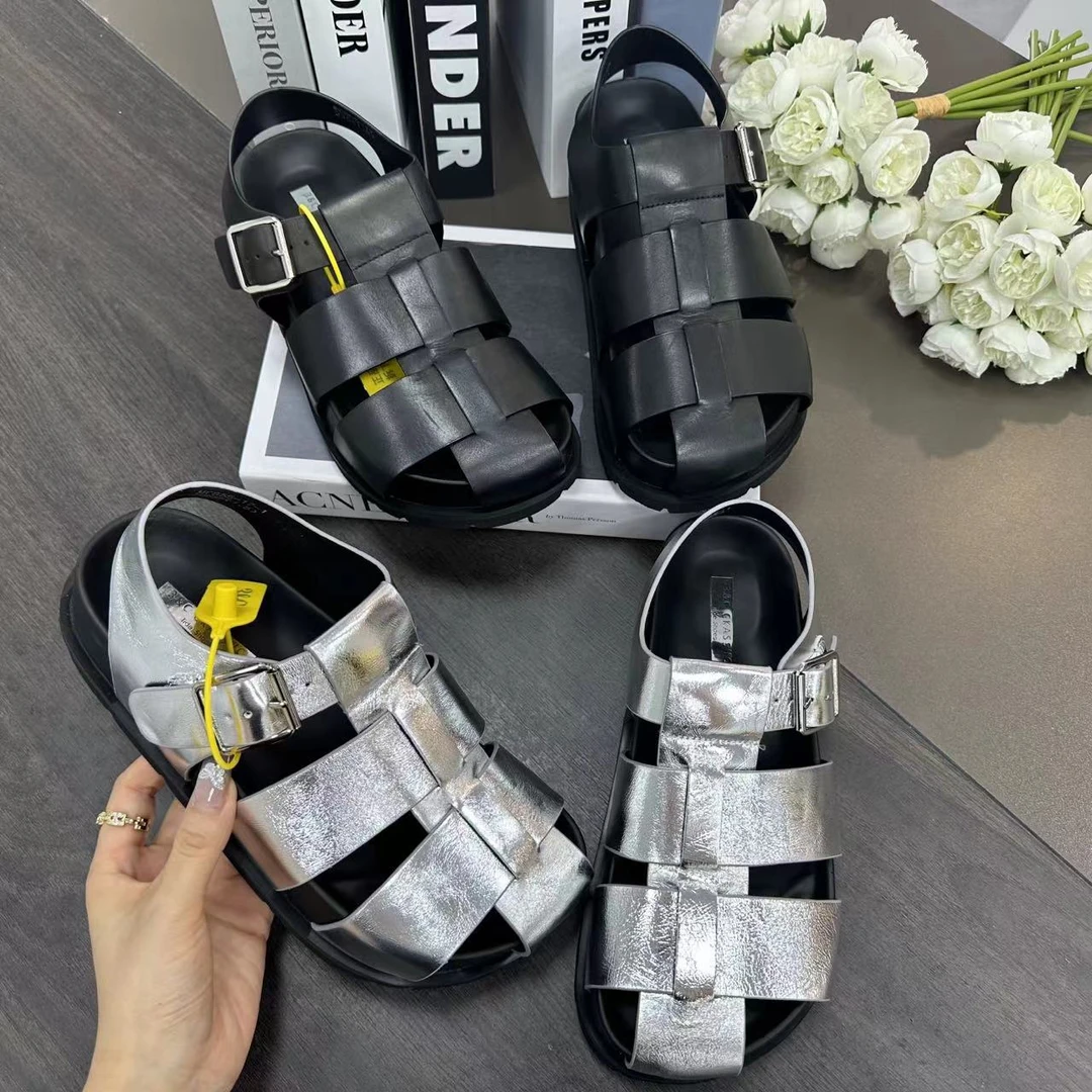 2025夏季新款透气一字扣猪笼鞋编织包头厚底罗马凉鞋 855-17