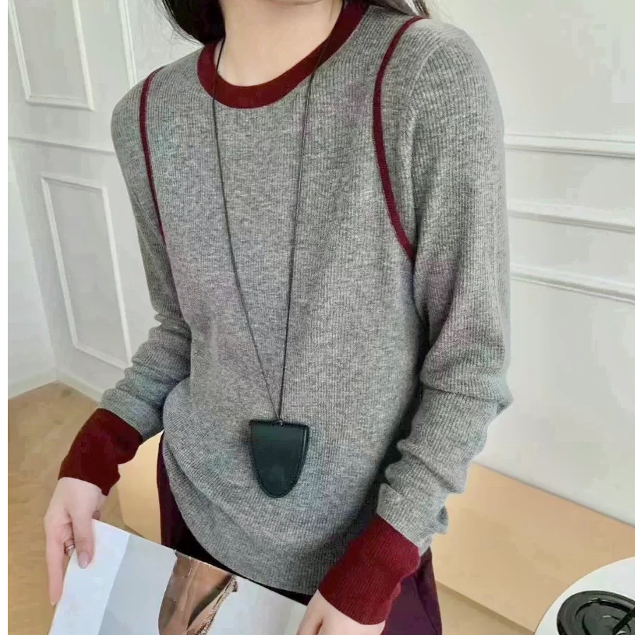 外单~羊绒混纺圆领长袖针织上衣,均码,百搭