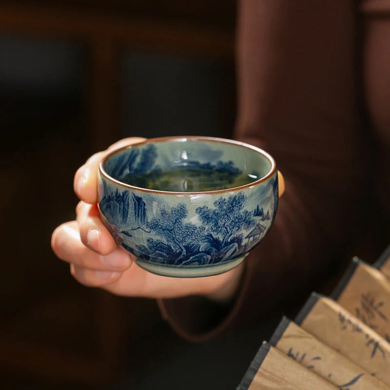 景德镇柴窑青花山水图茶杯可养主人杯手绘内外画纯手工单杯个人杯