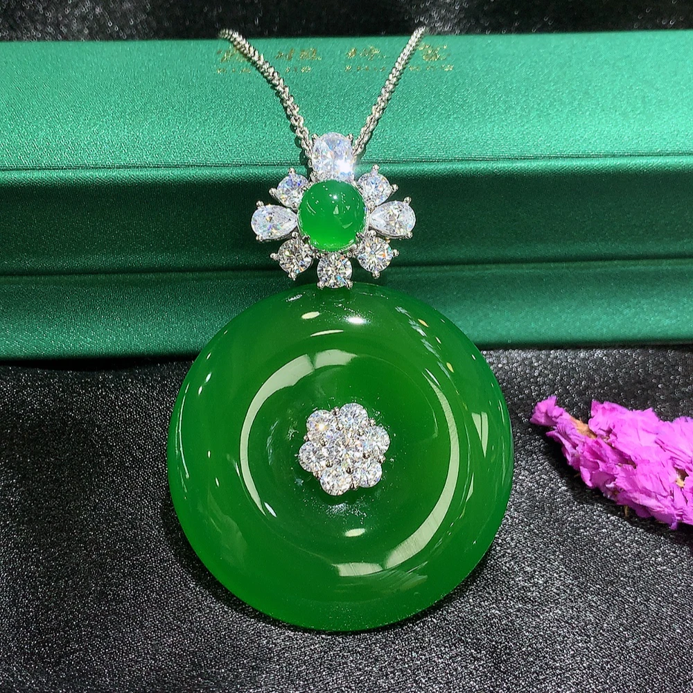 霞姐珠宝」天然绿玉髓手镯心大平安扣S925银镶嵌吊坠