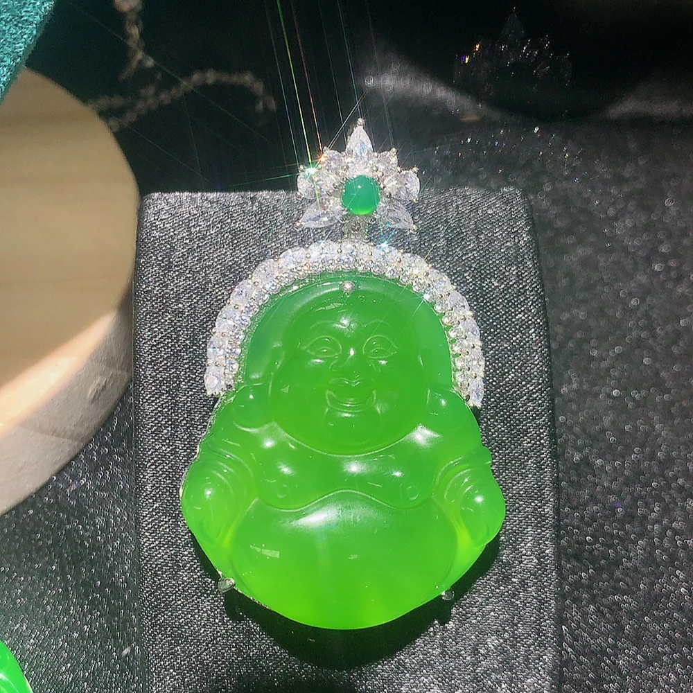 「霞姐珠宝」纯天然绿玉髓s925银镶嵌中号笑佛吊坠