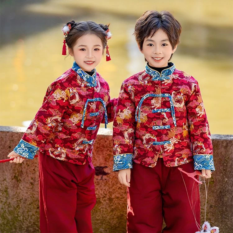 儿童中国风喜庆贺岁服冬季加厚款姐弟拜年服幼儿园元旦节表演服新