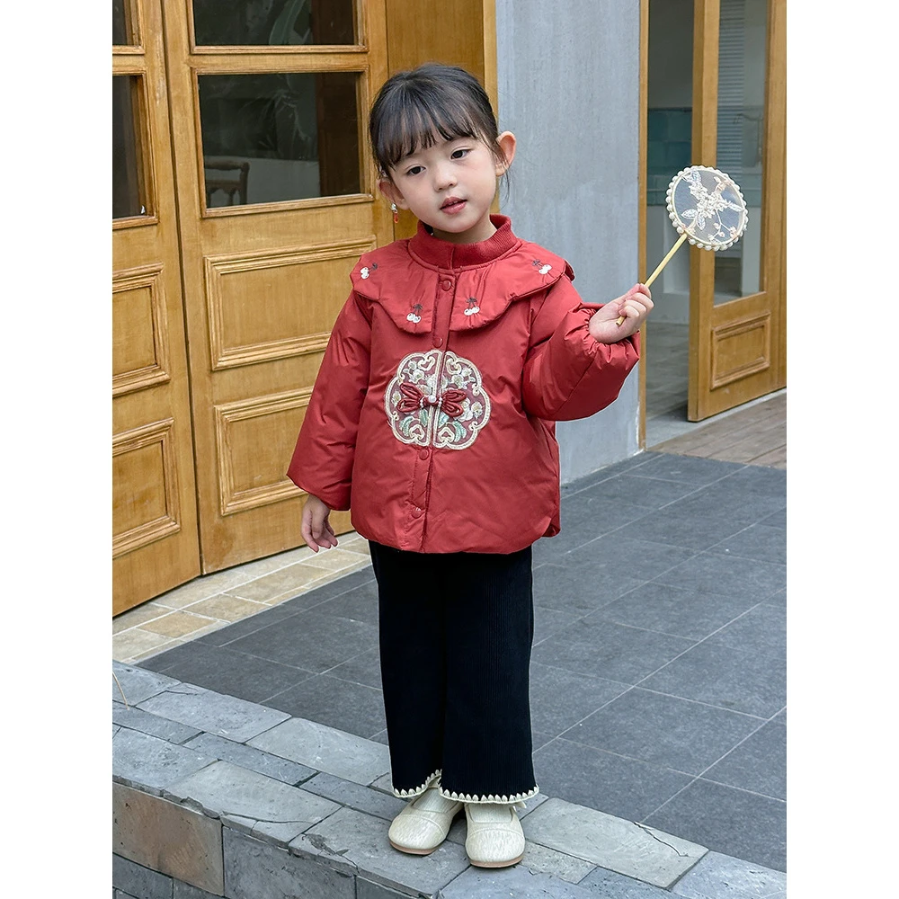 儿童羽绒丝内胆2024新款女童中国风秋冬季刺绣羽绒丝服中小童外套