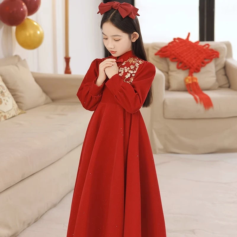 红色女童中式礼服公主裙早春花童婚礼小女孩主持人儿童钢琴演出服