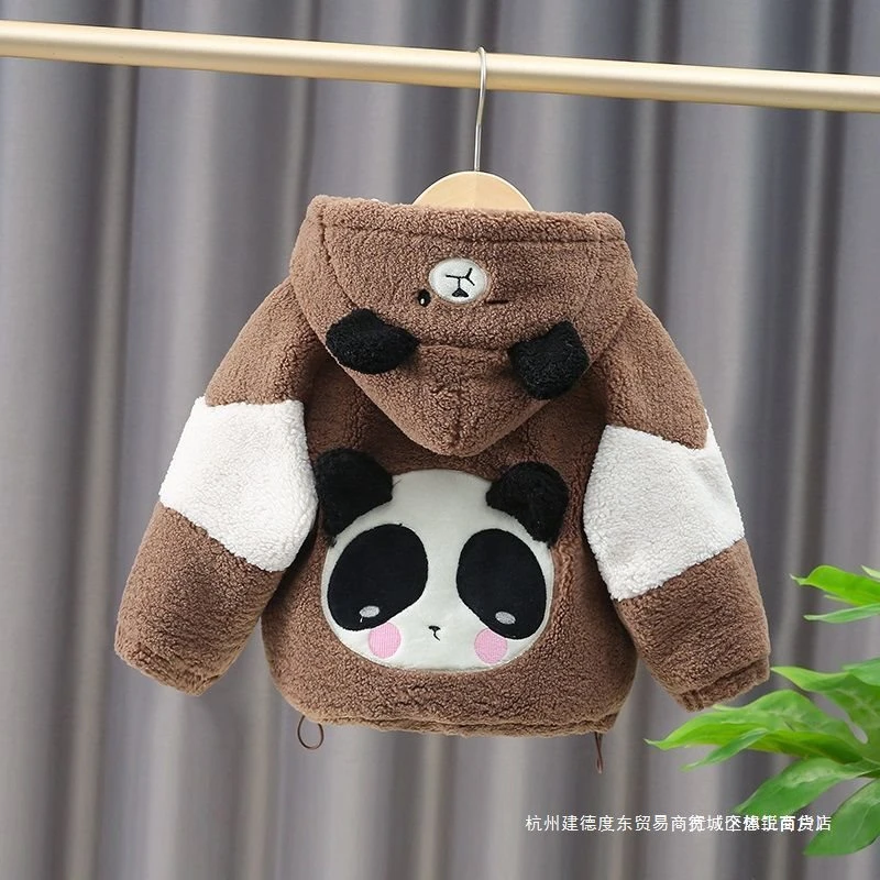 宝宝加绒外套2025男儿童熊猫上衣中小童洋气女童冬装女童黑色棉服
