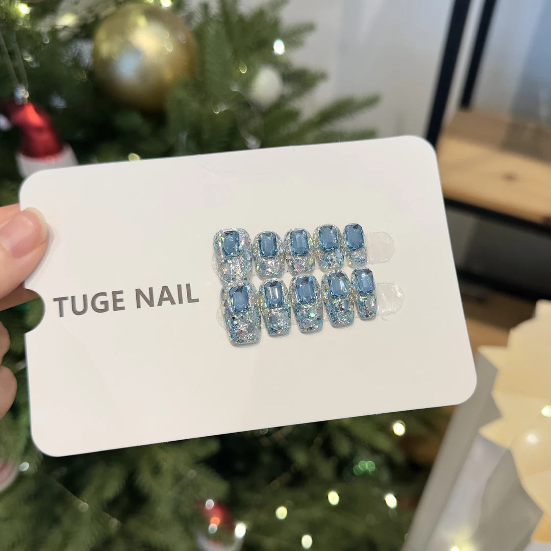 TugeNail“冰蓝物语”【施家全华】秋冬满钻超闪美甲设计穿戴甲TGN124