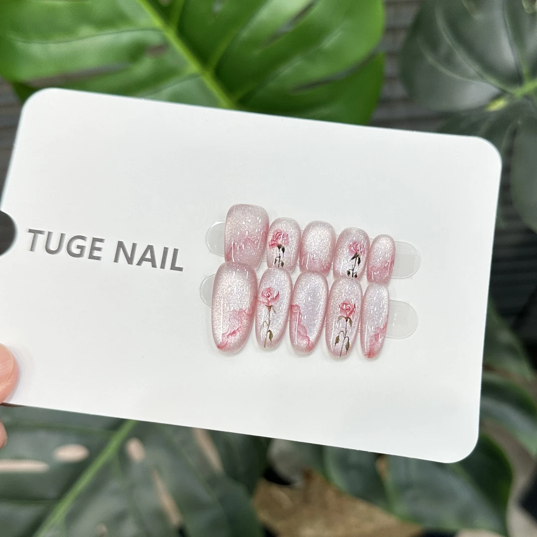 TugeNail“水雾玫瑰"秋季手绘玫瑰猫眼穿戴甲-小然