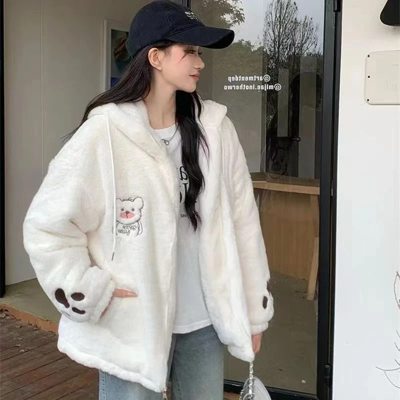 大雄宽松撤柜冬季毛毛衣-加绒学生ins羊羔绒加厚时尚连帽休闲保暖