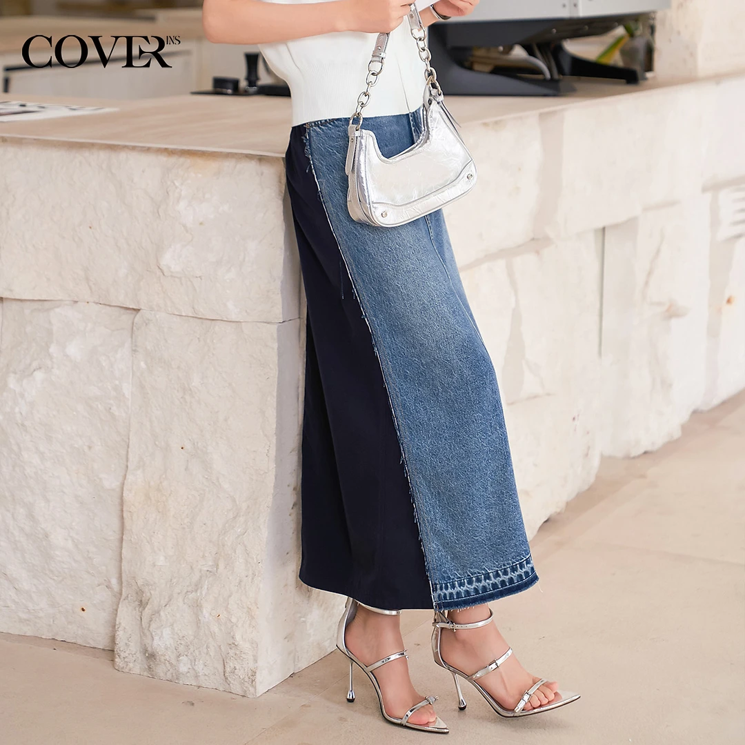 COVERINS夏季休闲拼接解构长绒棉牛仔半身裙