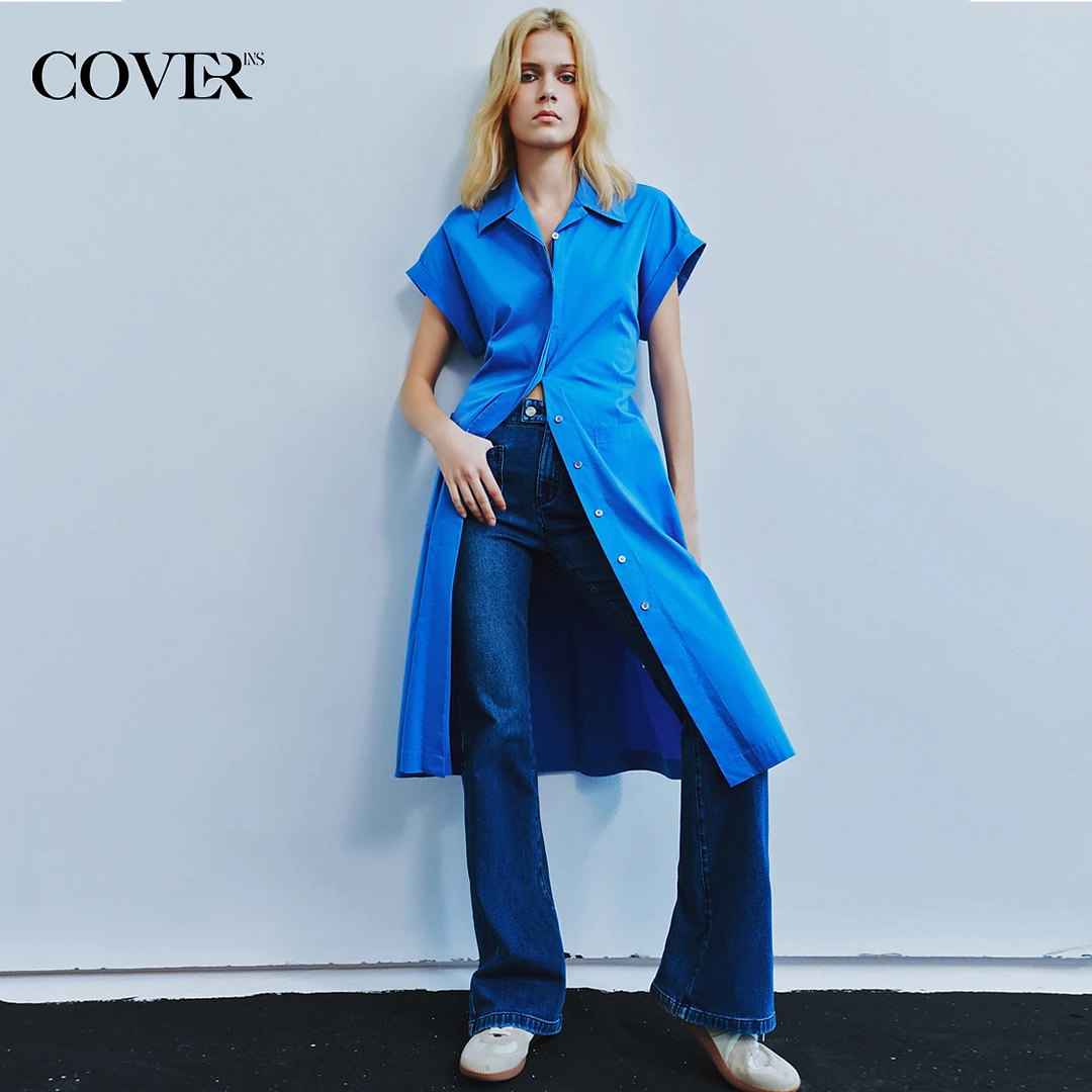 COVERINS夏季修身复古弹力牛仔喇叭长裤