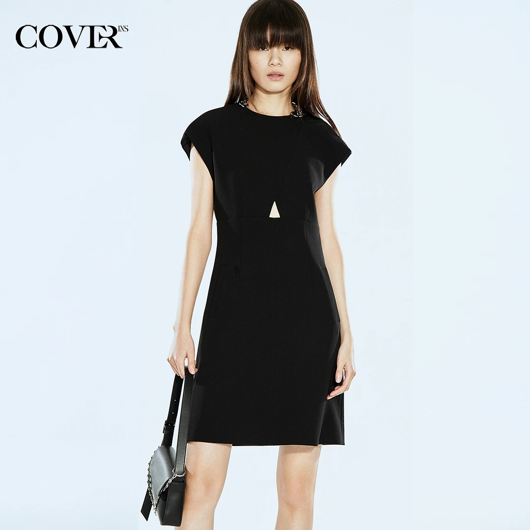 COVERINS夏季修身连袖镂空醋酸连衣裙