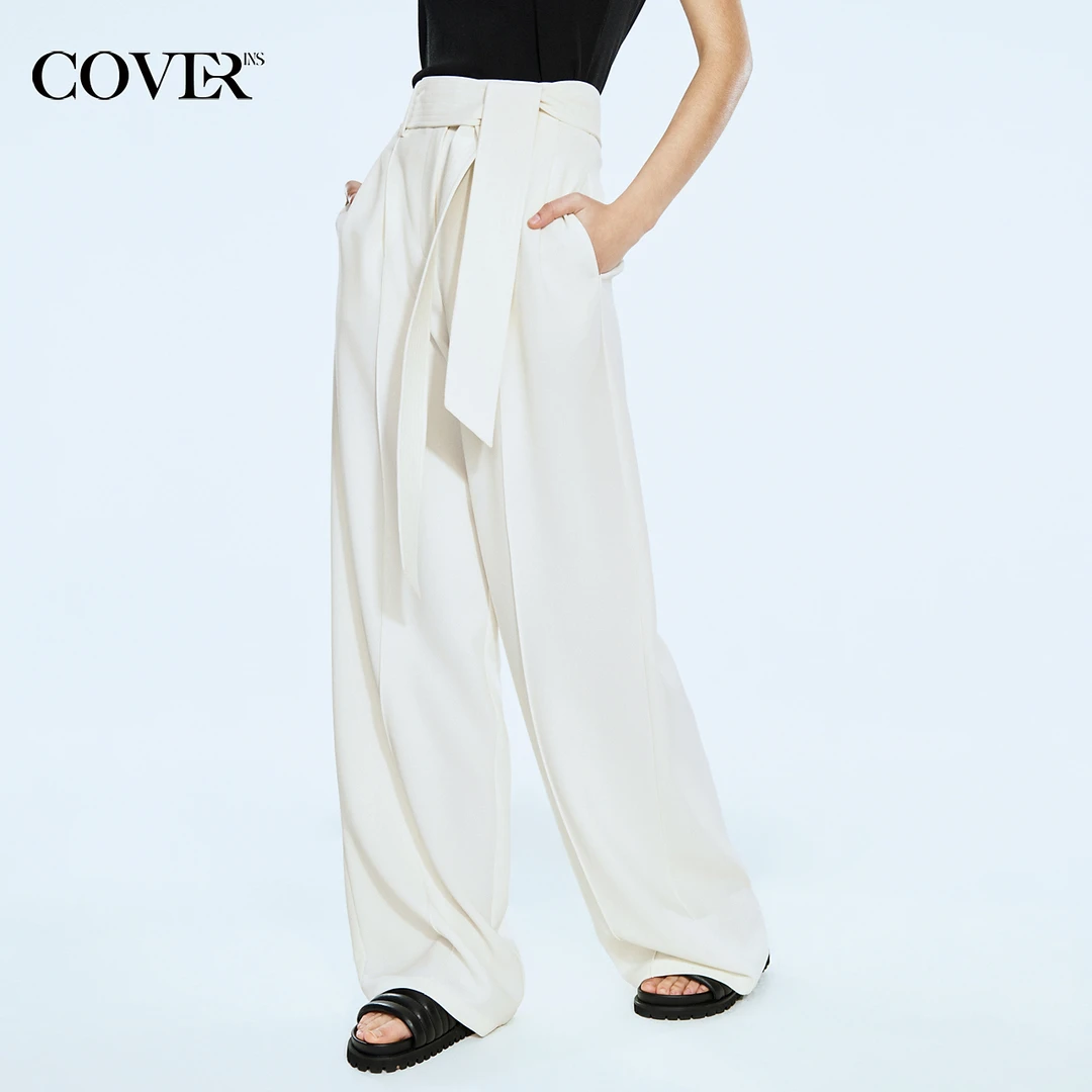 COVERINS夏季摩登女裤宽腰带设计直筒长裤