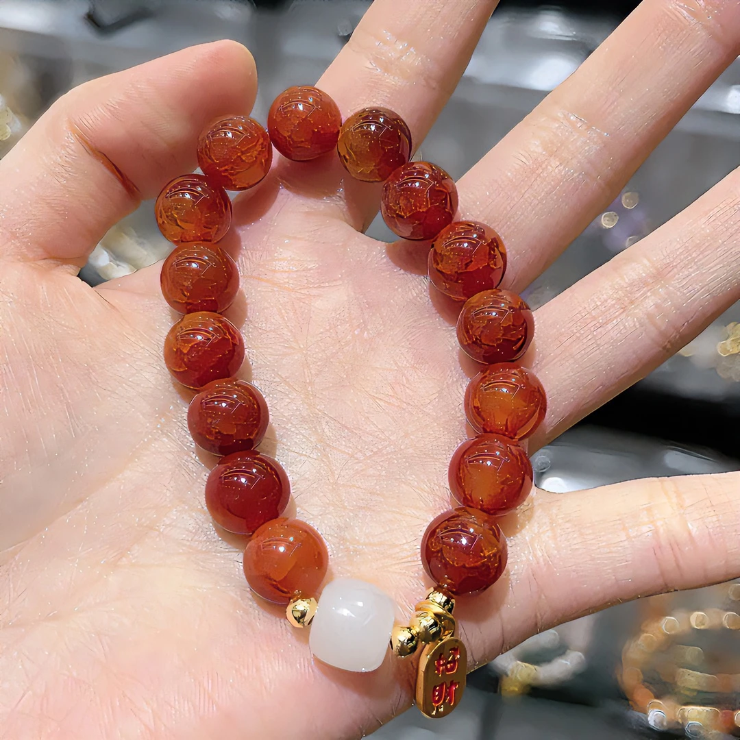 非金属手链 冰~裂枣红色手串国风天天然玛～nao