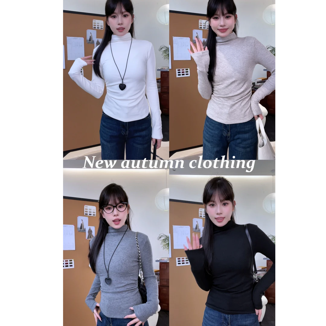 半高领双面绒打底衫女加绒加厚磨毛上衣2024新款秋冬保暖收腰内搭