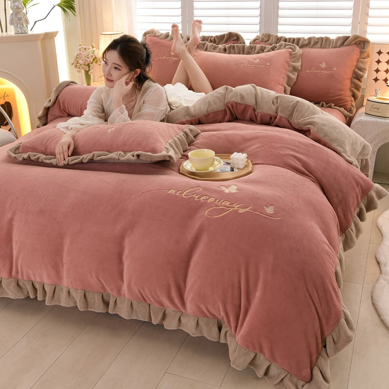 2024新款加厚保暖牛奶绒四件套冬季纯色加绒刺绣床单被套床上用品